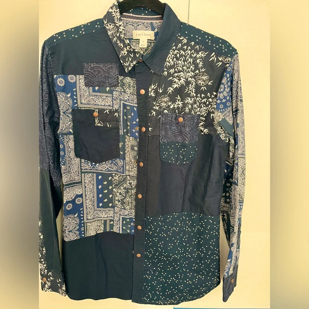 Navy Blue paisley collared shirt - Picture 1 of 6